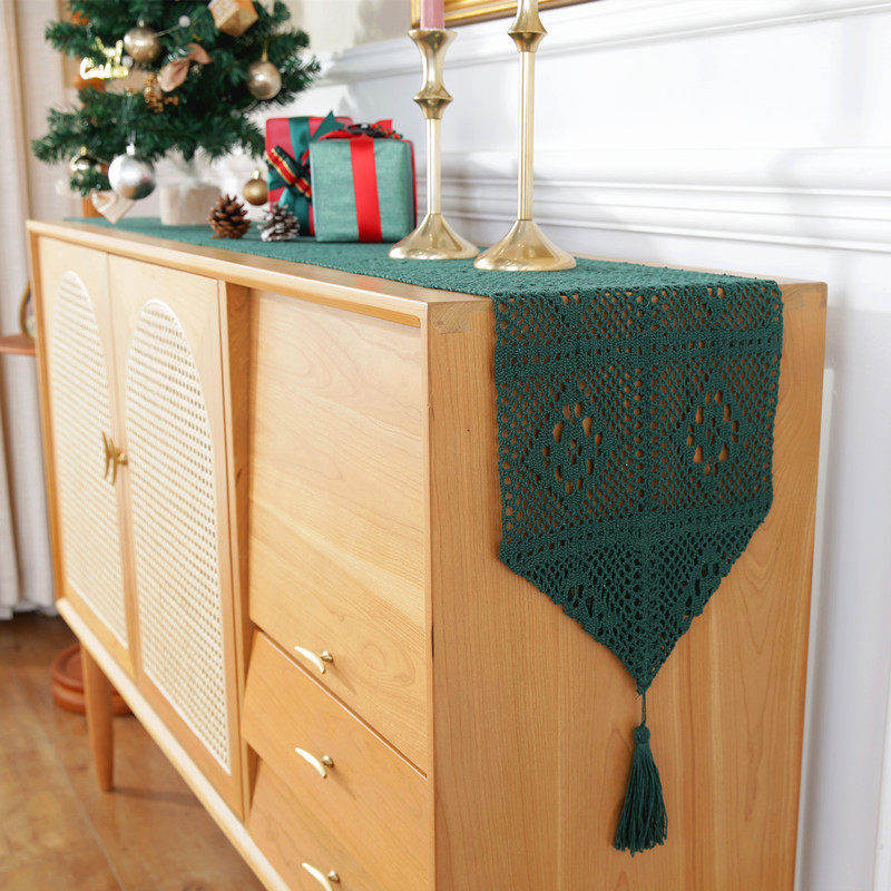 棉麻复古红绿钩针桌旗圣诞节餐垫