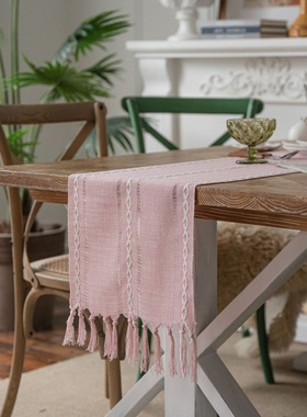 棉麻复古粉色几何提花流苏桌旗北欧现代涤棉镂空茶几长条盖巾床旗