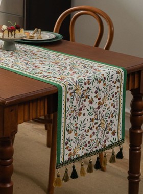 法式复古田园绿色小碎花绿色桌旗中式古典提花长条茶几盖巾床尾旗
