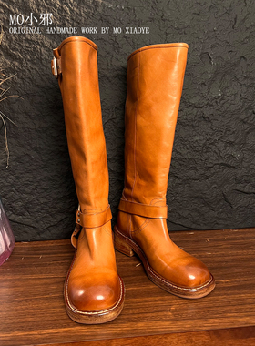 MO小邪‘纯手工马皮烟筒靴秋季新款真皮中筒马丁靴女美拉德瘦瘦靴