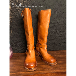 MO小邪‘纯手工马皮烟筒靴秋季 真皮中筒马丁靴女美拉德瘦瘦靴 新款