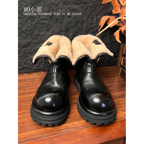MO小邪‘冬季中筒手工羊羔毛雪地靴皮靴冬季靴子休闲保暖厚底圆头