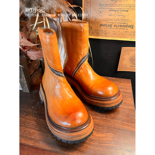 MO小邪' A022原创设计水洗马皮短靴切尔西秋冬厚底百搭真皮靴子女