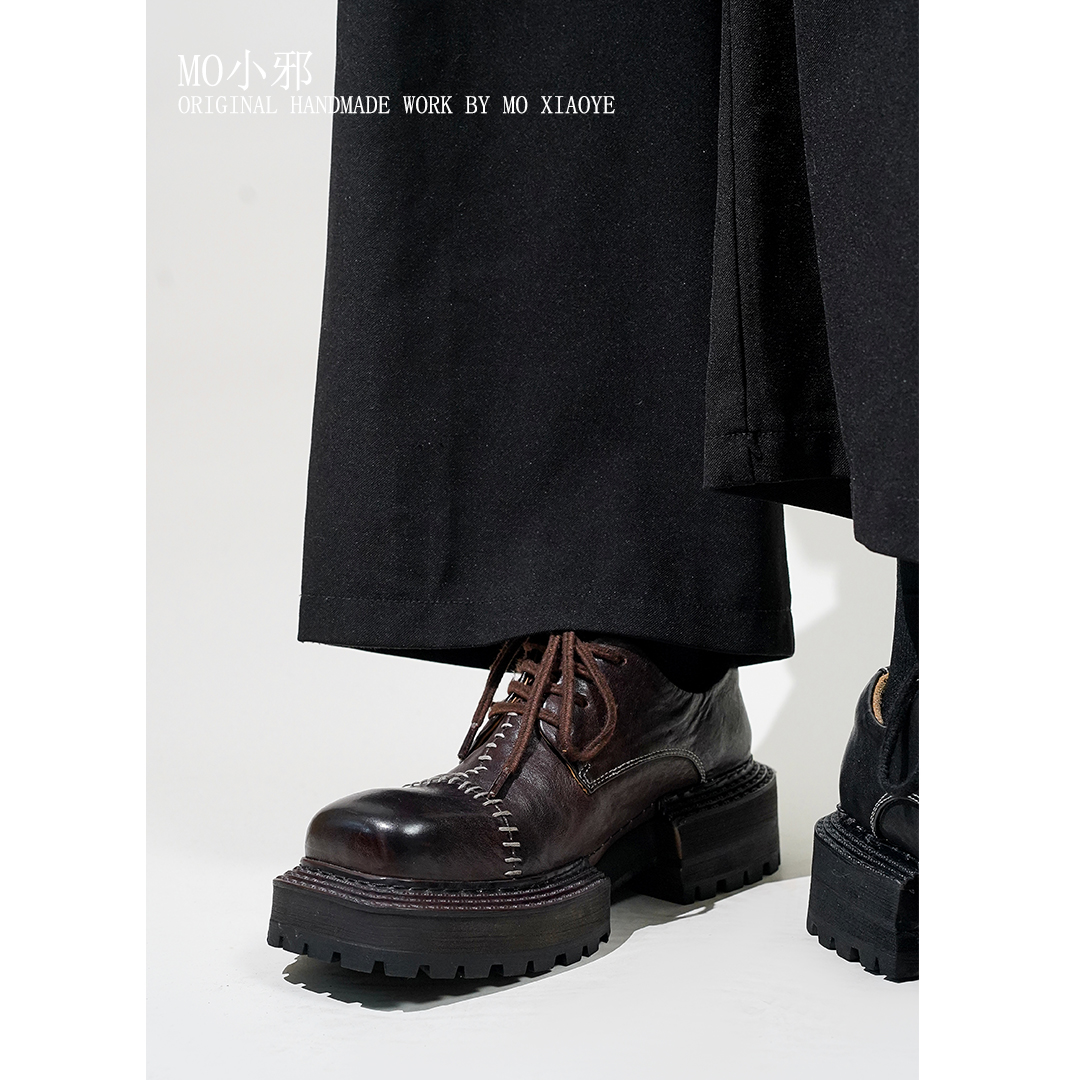 MO小邪' 高端手工水洗马皮鞋复古方头小皮鞋厚底休闲鞋男女同款