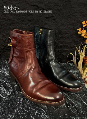 MO小邪‘纯手工水洗马皮短靴做旧复古风真皮女鞋百搭小短靴瘦瘦靴