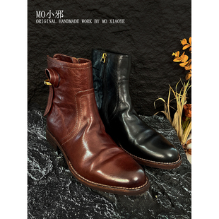 MO小邪‘纯手工水洗马皮短靴做旧复古风真皮女鞋百搭小短靴瘦瘦靴