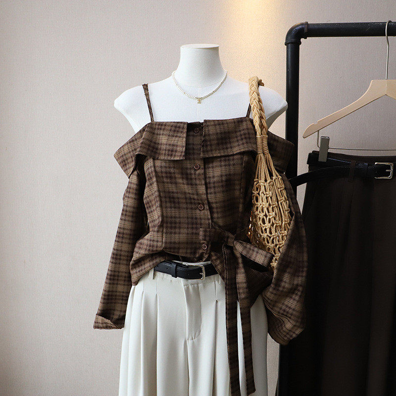 2026秋季新韩版时尚系带收腰一字肩格子百搭长袖衬衫女,女装/女士精品,衬衫,淘宝优惠券,粉丝福利购,淘宝优惠卷