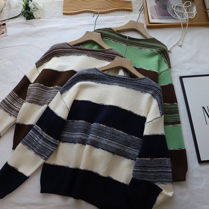 2026秋季新款韩版时尚减龄拼色条纹百搭显瘦套头毛衣女,女装/女士精品,毛衣,淘宝优惠券,粉丝福利购,淘宝优惠卷