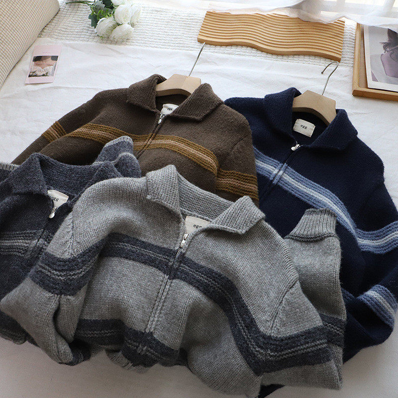 2026冬季新韩版复古翻领条纹休闲双拉链加厚开衫毛衣女,女装/女士精品,毛衣,淘宝优惠券,粉丝福利购,淘宝优惠卷