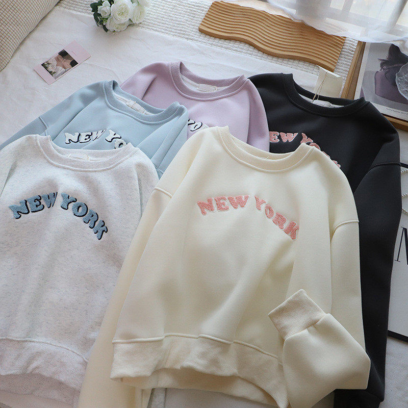 2026秋冬新韩版圆领字母毛巾绣宽松休闲加绒加厚卫衣女,女装/女士精品,卫衣/绒衫,淘宝优惠券,粉丝福利购,淘宝优惠卷