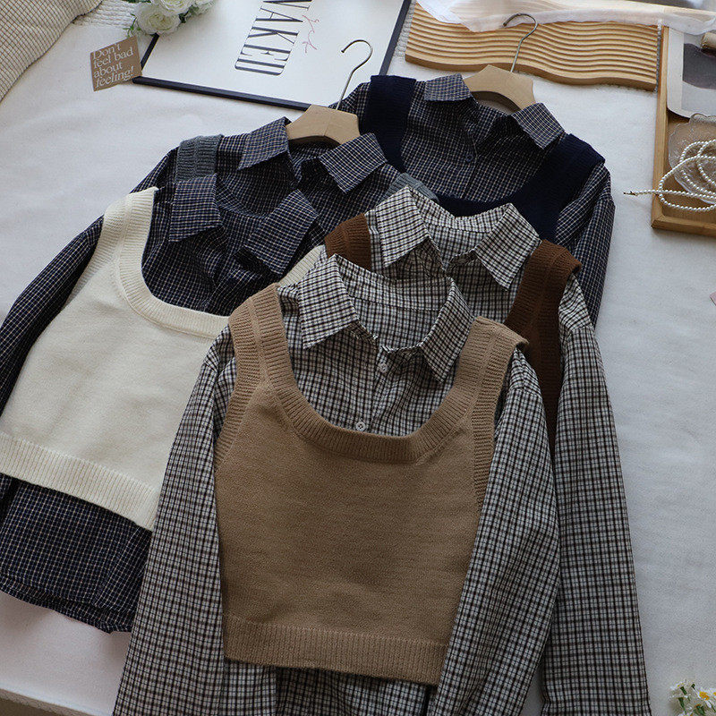 2026秋季新款韩版时尚洋气两件套格子衬衫+背心马甲女,女装/女士精品,衬衫,淘宝优惠券,粉丝福利购,淘宝优惠卷