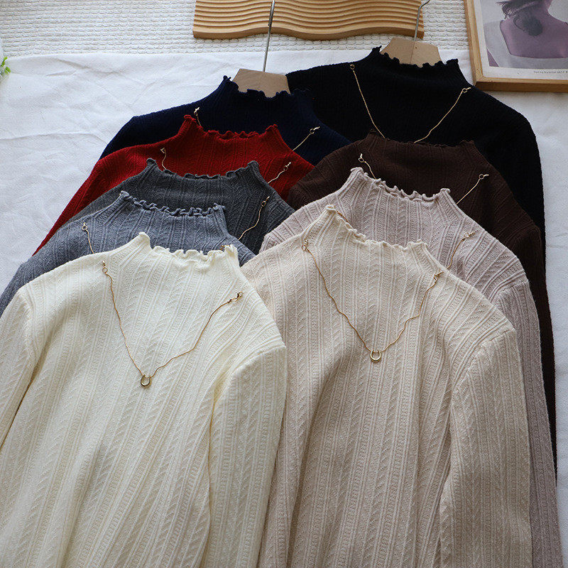 2026秋冬新款韩版木耳边半高领显瘦百搭针织打底衫女