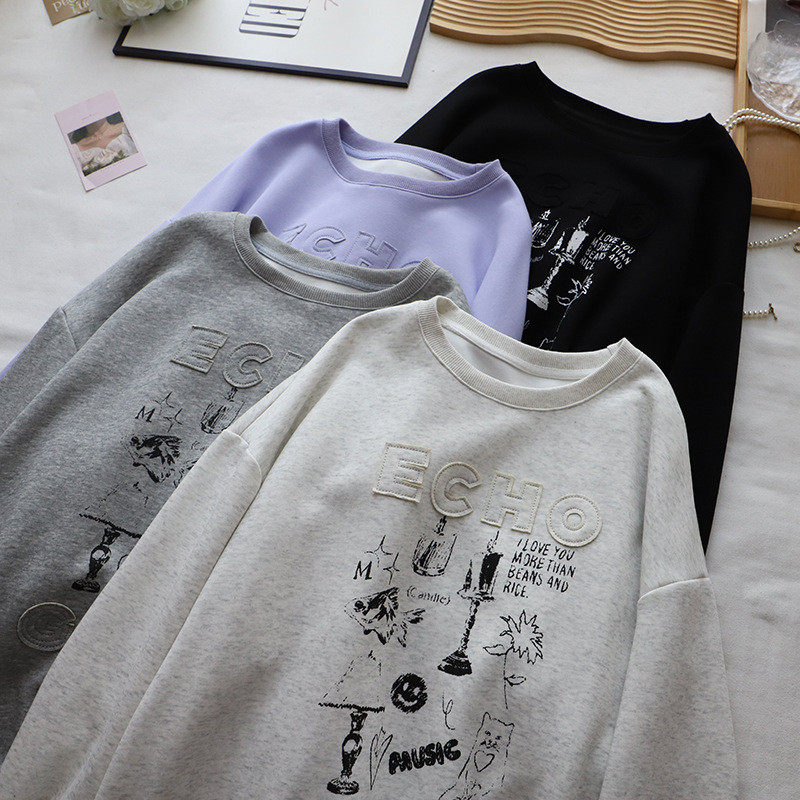 2026秋冬新款韩版女装圆领贴布绣宽松休闲百搭印花卫衣,女装/女士精品,卫衣/绒衫,淘宝优惠券,粉丝福利购,淘宝优惠卷