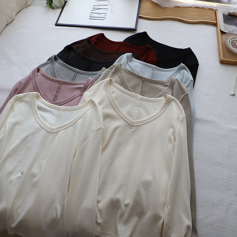 2026秋冬新韩版V领简约纯色磨毛显瘦百搭长袖打底衫女,女士内衣/男士内衣/家居服,吊带/背心/T恤/打底/肌底衣,淘宝优惠券,粉丝福利购,淘宝优惠卷