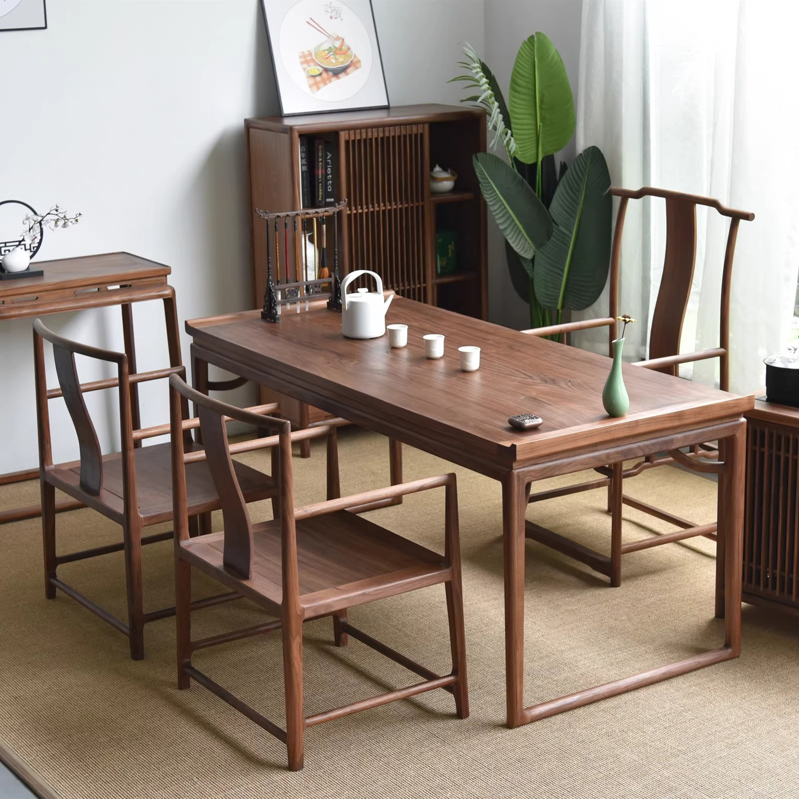 禅意新中式书桌老榆木茶桌椅组合正品办公桌实木餐桌黑胡桃木画案