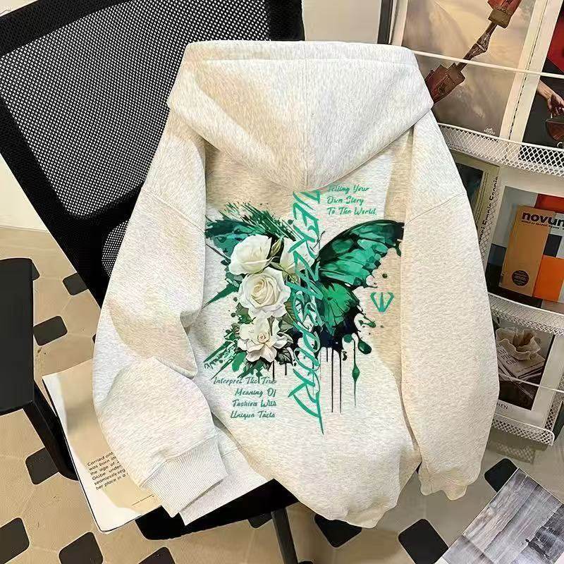 银狐绒美式复古连帽卫衣秋冬季新款加绒加厚创意蝴蝶图案男女上衣