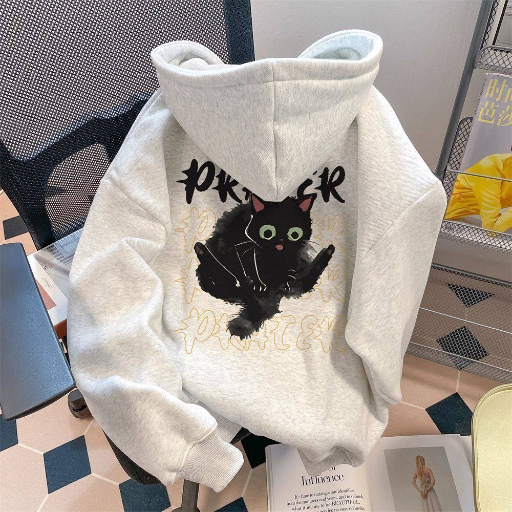 银狐绒美式新款印花情侣卫衣男女秋冬季连帽秋冬上衣加绒宽松外套