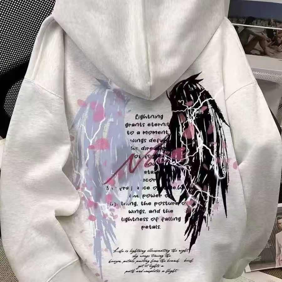银狐绒美式复古高街潮牌男女连帽卫衣秋冬翅膀印花宽松百搭外套潮