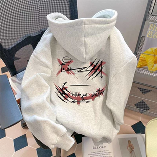 银狐绒美式复古恶魔笑脸印花套头连帽加绒卫衣男女秋冬季休闲百搭