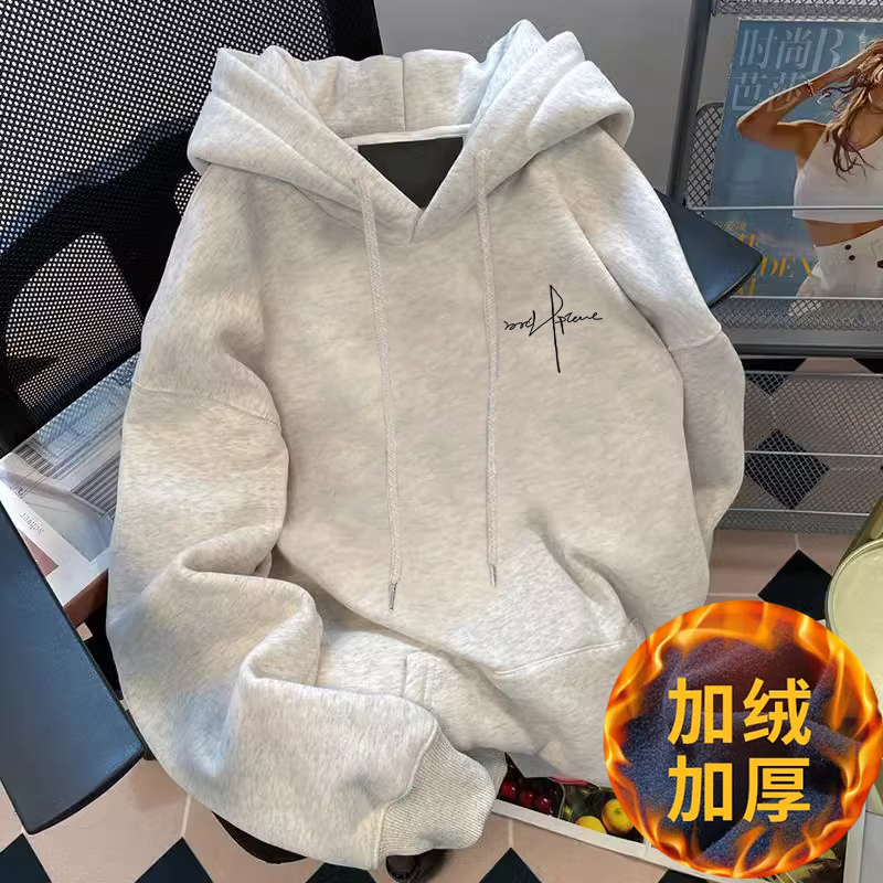 银狐绒秋冬简约字母印花美式高街潮牌加绒加厚连帽卫衣男宽松上衣