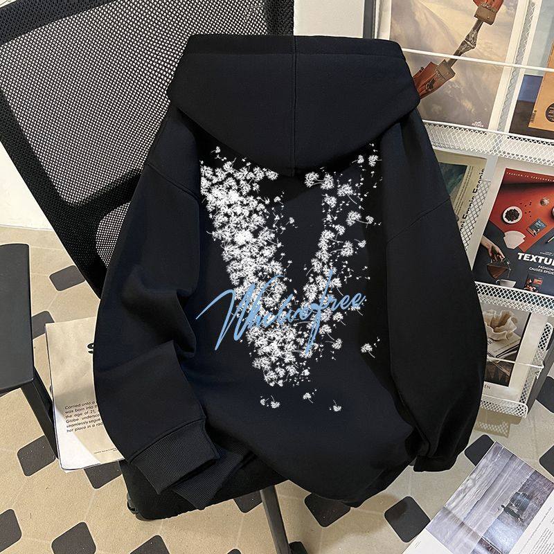 银狐绒连帽卫衣男ins美式复古秋冬季加绒新款字母印花情侣上衣女