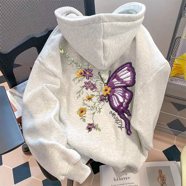银狐绒卫衣男女连帽加绒蝴蝶印花酷帅百搭美式潮牌青少年上衣外套