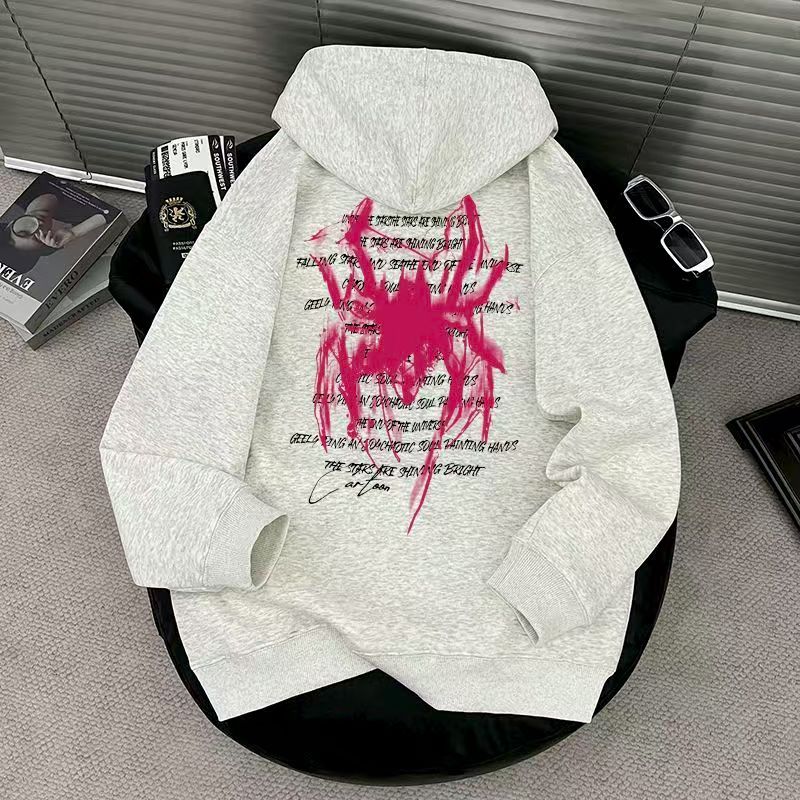 连帽卫衣男女秋冬加绒加厚百搭蜘蛛字母印花美式高街宽松hiphop潮