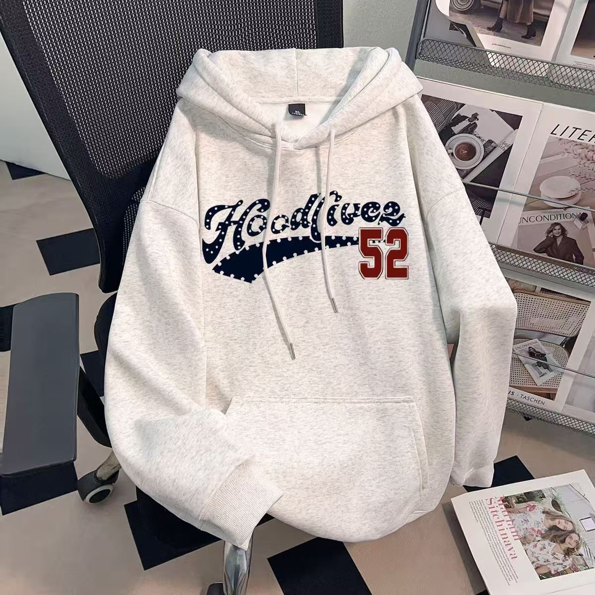 港风复古简约秋冬加绒加厚上衣外套个性数字母印花连帽卫衣男女款