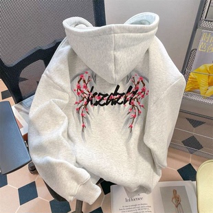 银狐绒鲜花烟雾羽翼字母印花连帽卫衣秋冬季宽松休闲学生上衣外套