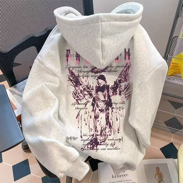 银狐绒美式欧美高街潮牌复古男女印花情侣外套连帽加绒卫衣秋冬潮