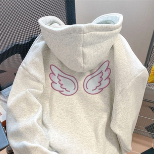 银狐绒天使翅膀印花连帽卫衣男女ins潮流秋冬加绒百搭慵懒风上衣