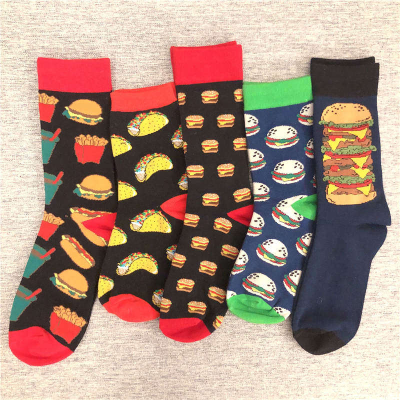 中筒袜子快餐文化迷你汉堡包超级巨无霸吉士汉堡卷饼薯条图案男女