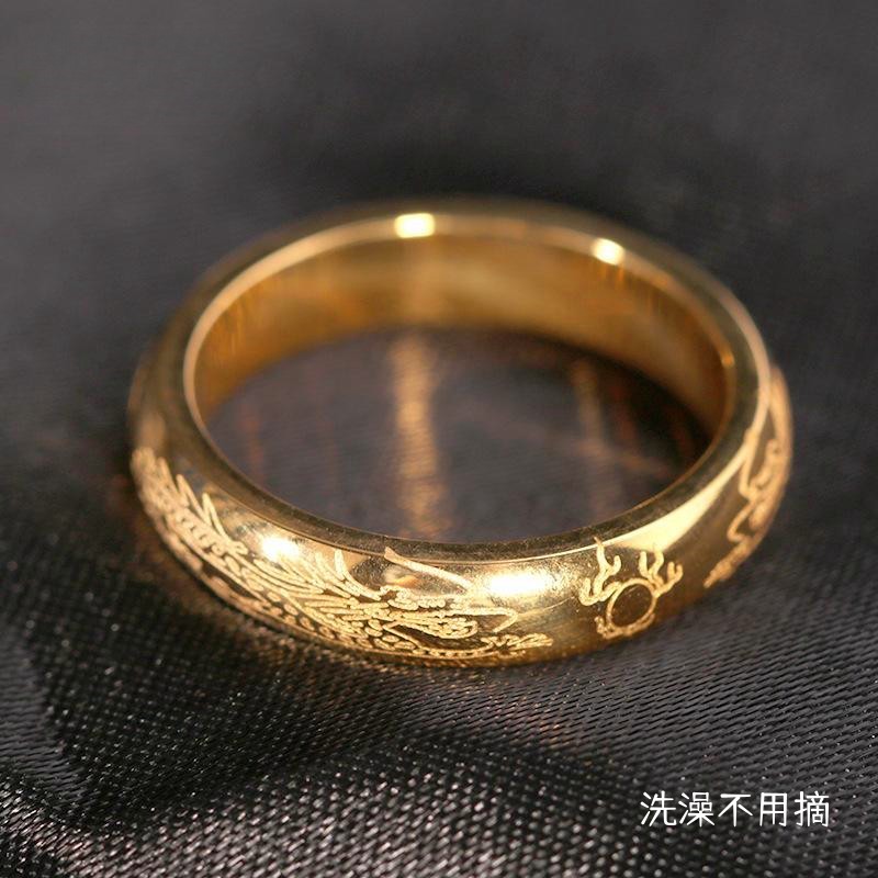 女钛钢中国风精雕双龙戏珠戒指
