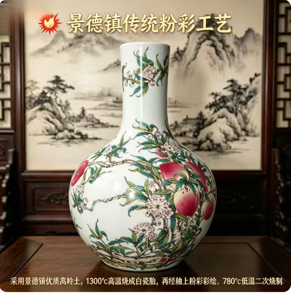 景德镇陶瓷器花瓶新中式客厅粉彩九桃天球瓶高档装饰仿古摆件瓷瓶