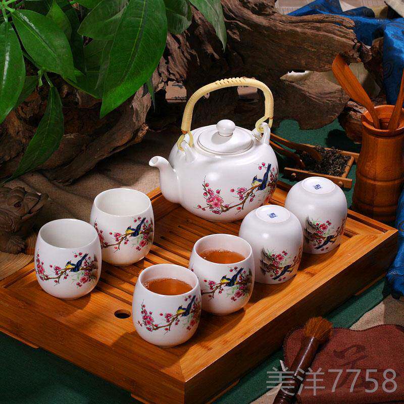 高档玉蝶景 德功镇梁茶具套装 整套7头陶瓷夫茶杯提茶壶套装