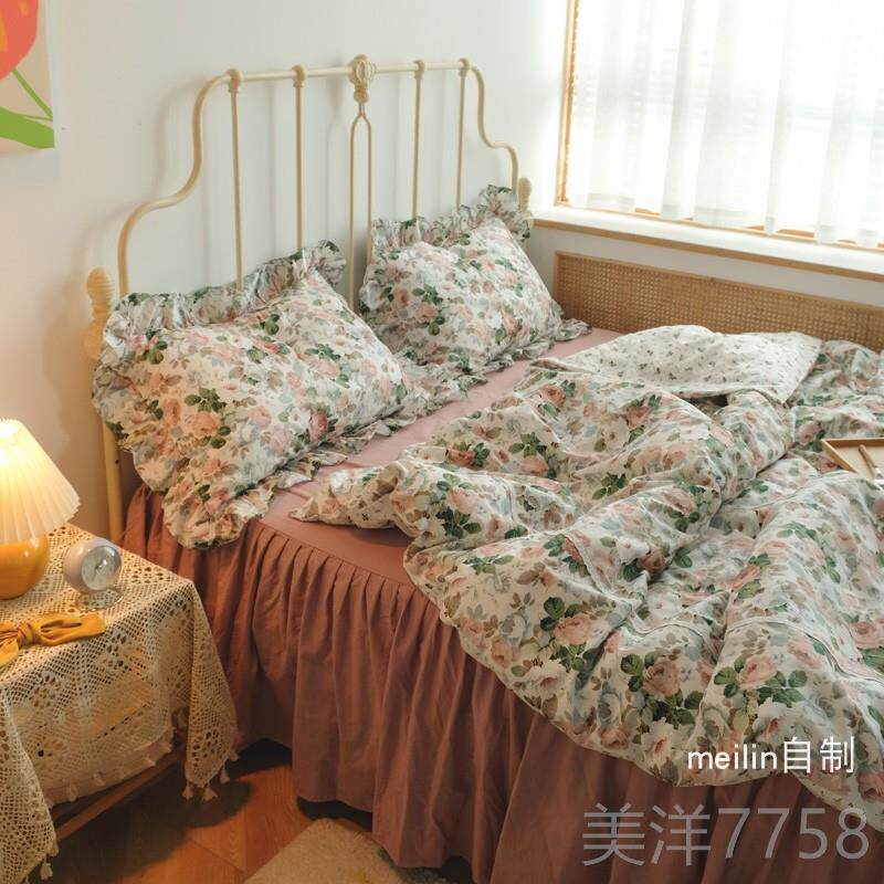 高档魅琳梦里三花开 韩式田园碎花全棉/-四件床套 床裙床单床笠上