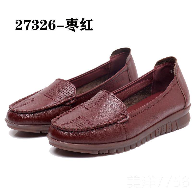 高档真皮妈妈单鞋春款中年女鞋软平底滑人舒适老皮鞋牛筋底舒适防