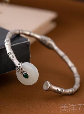 高档竹节白玉平安镀扣银手手镯活扣复古约百搭泰银工简艺送妈妈银