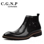 英尖头短靴复古休闲鞋 高档秋冬马丁靴男伦真皮靴子靴男士 高帮男鞋