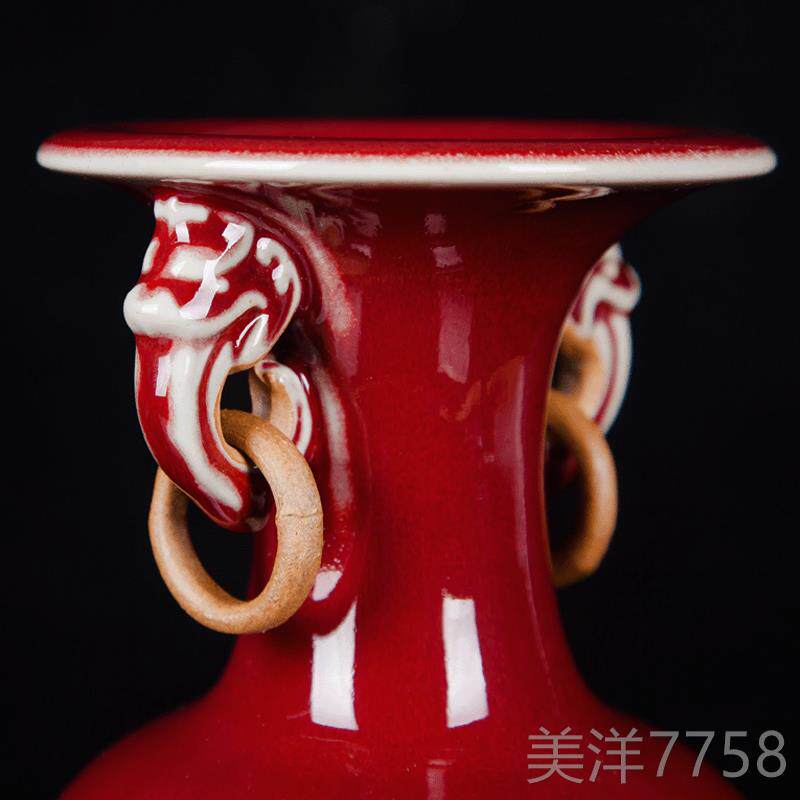 高档景德镇陶瓷器 仿古钧古瓷花郎红双耳小 客瓶厅中式博架工艺品
