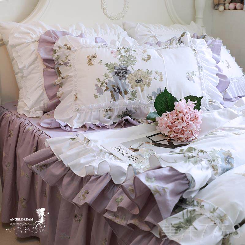高档进口美韩上版田园紫花公主全棉床用品纯欧棉件套床裙套款被四