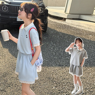 女童polo衫 T恤套装 夏季 短袖 两件套休闲翻领洋气 童装 儿童女孩短裤