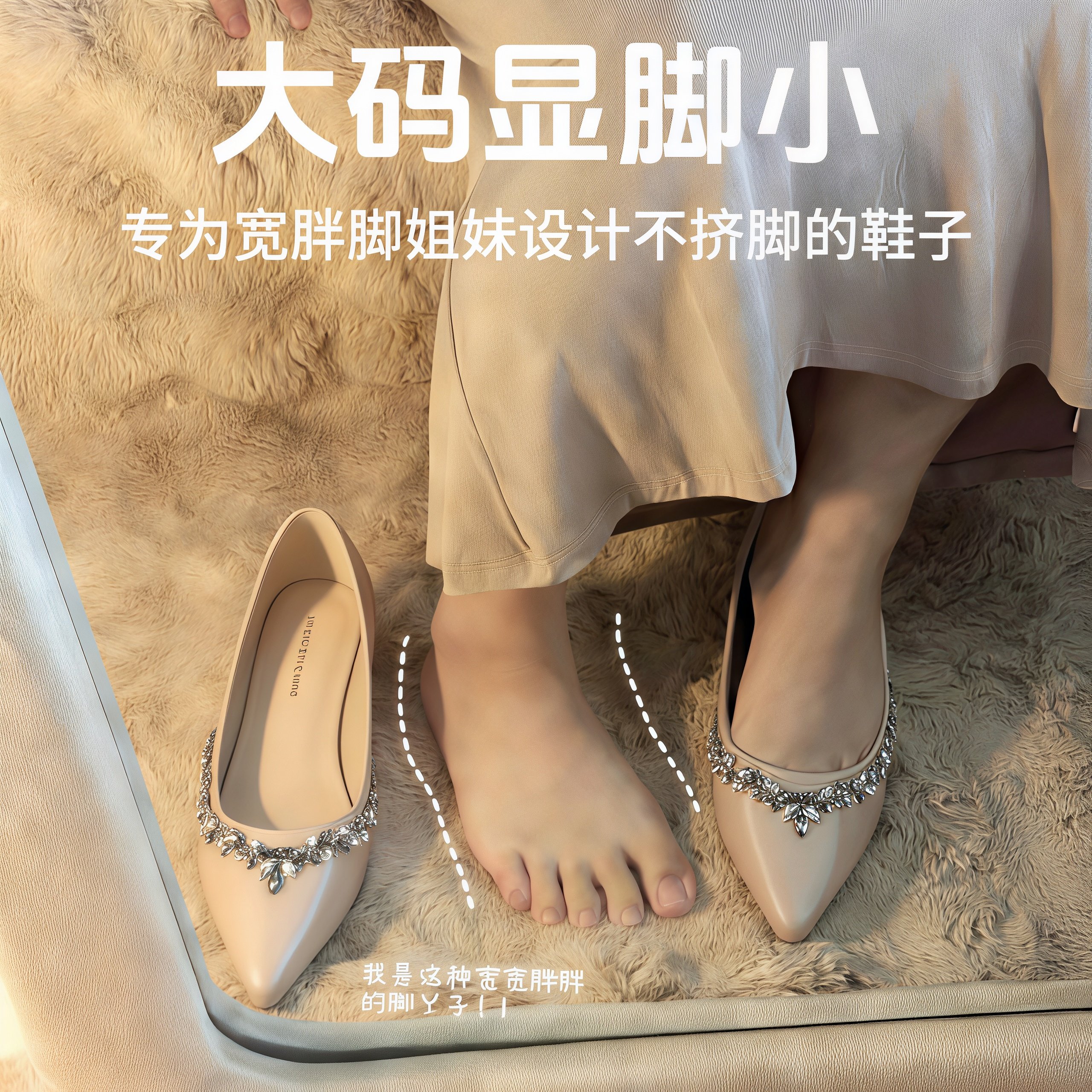 前掌加宽大码女鞋宽胖脚裸色尖头单鞋水钻平底配裙子的鞋子显脚小