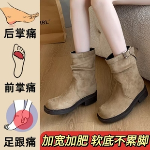 软底不累脚褶皱堆堆靴粗跟短靴美拉德卡其色大码 脚宽脚胖女鞋 靴子