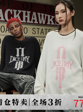 DICETINY提花LOGO圆领绒感毛衣男秋季美式高街宽松休闲情侣针织衫