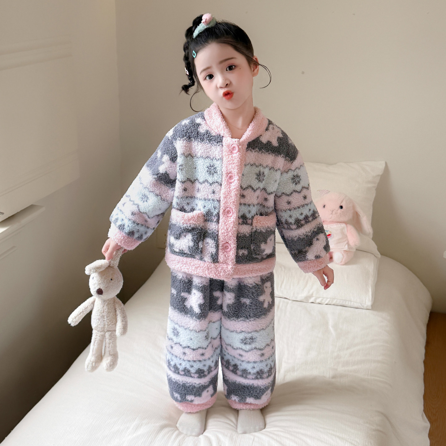 女童睡衣套装保暖休闲法兰绒开衫家居服套装