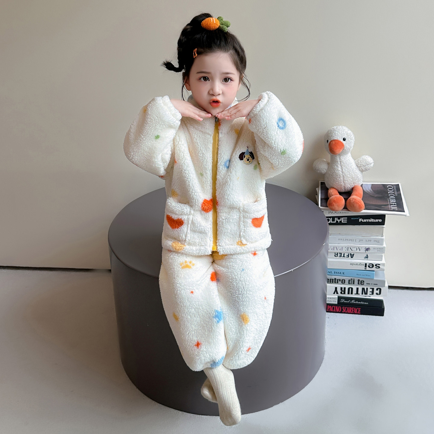 女童睡衣套装保暖休闲法兰绒开衫家居服套装