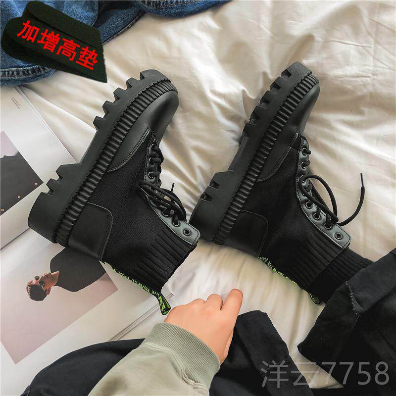 高档机车皮靴男装鞋冬季厚底马中潮丁靴高帮工皮鞋韩版百搭流增高