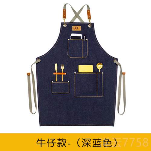 高档发防水帆布黑真皮LOGO制定美咖啡师家用厨色房烘焙工作服牛仔