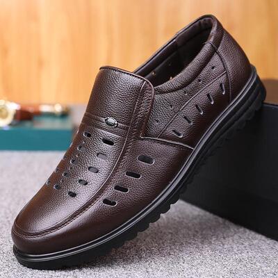 高档脚皮鞋套男软皮气商务休闲鞋圆头软透底老年中爸爸平底真皮牛